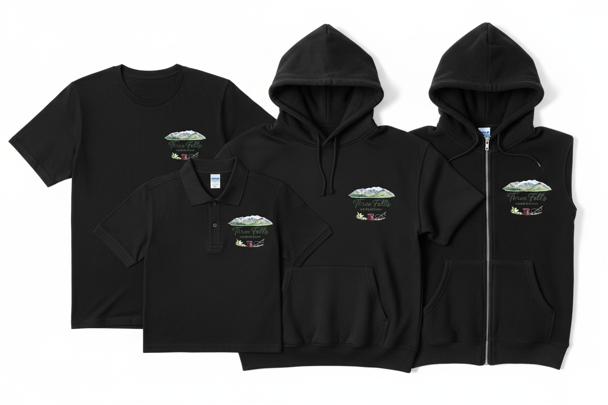 Workwear Starter Bundle — black t-shirt, polo, pullover hoodie and zip-up hoodie with Three Fells Embroidery logo on left chest